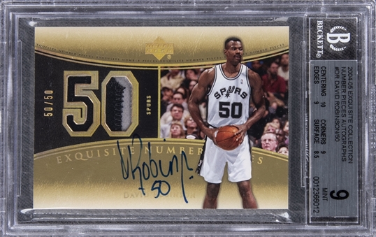 2004-05 UD "Exquisite Collection" Number Pieces Autographs #DR David Robinson Signed Game Used Patch Card (#50/50) – BGS MINT 9/BGS 9 